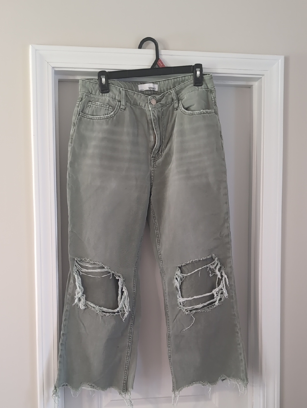 Distressed Olive Green Wide-Leg Jeans